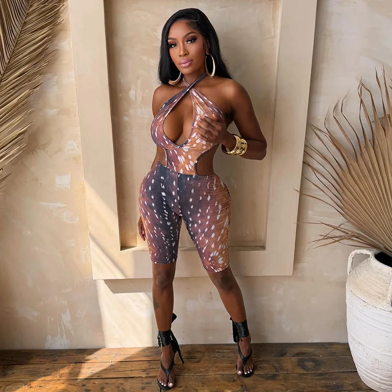 

Versatile Printed Women's Halter Neck Hollow-out Sexy Backless Lace-up Jumpsuit Sleeveless Summer Cool Office Lady Outfit