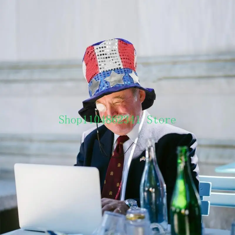 652F US July 4th Costume Fun Top Hat for Men Women Unisex Stovepipe Hat with Sequins Adults