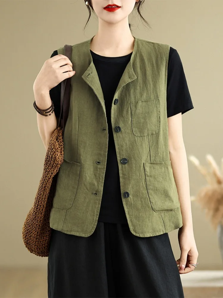 

Retro Color Cotton Linen Vest Women's Summer Layering round Ne Open Cardigan oulder Thin Linen Top Thin