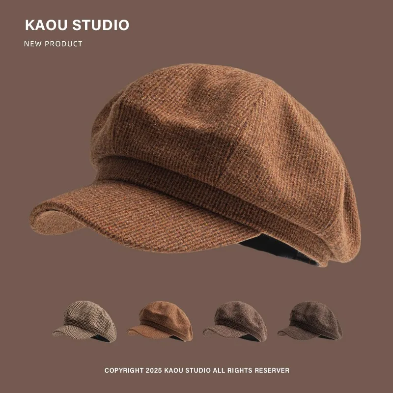 

Японские шерстяные восьмиугольные шляпы газетчика в клетку в стиле ретро для женщин, осенние и зимние повседневные универсальные маленькие литературные береты для показа лица