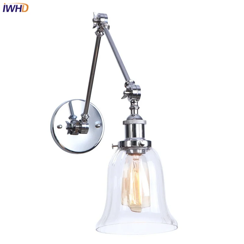 

IWHD Chrome Industrial LED Wall Lamp Sconce Bedroom Bathroom Mirrror Stair Light Vintage Swing Arm Clear Glass Lamparas De Pared