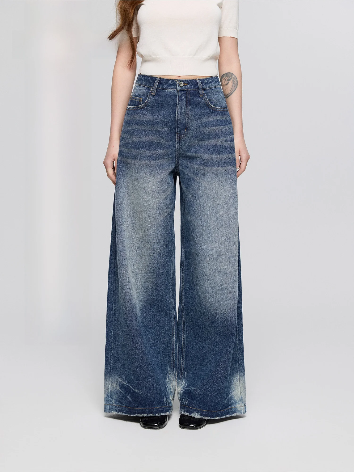 

Casual Loose Wide Leg Jeans Women's Summer Slimming Long Pants ment Blue Denim l Waist Zipper Fastening All Seasons