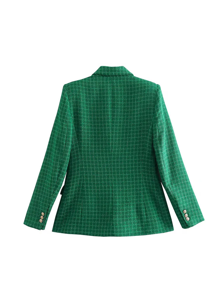 2023 Spring Women Casual Blazers Coats Plaid Veins Double Breasted Slim Female Elegant Office Lady Blazer Outerwear