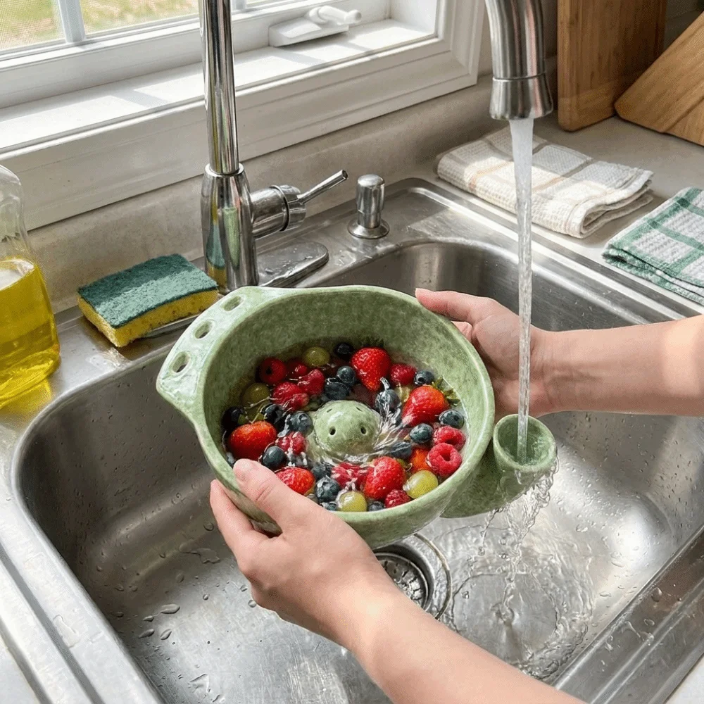 Self Spinning Automatic Fruit Washing Bowl 360° Cleaning Drainage Hole Self-Rotating Fruit Cleaner with Fruit Fork