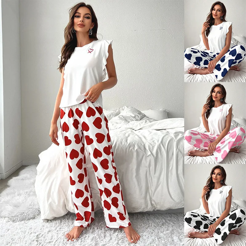 Sleeve Long Pants Heart Shaped Casual Summer Comfort Women's Sleepwear Ruffles Outerwear Homewear Set