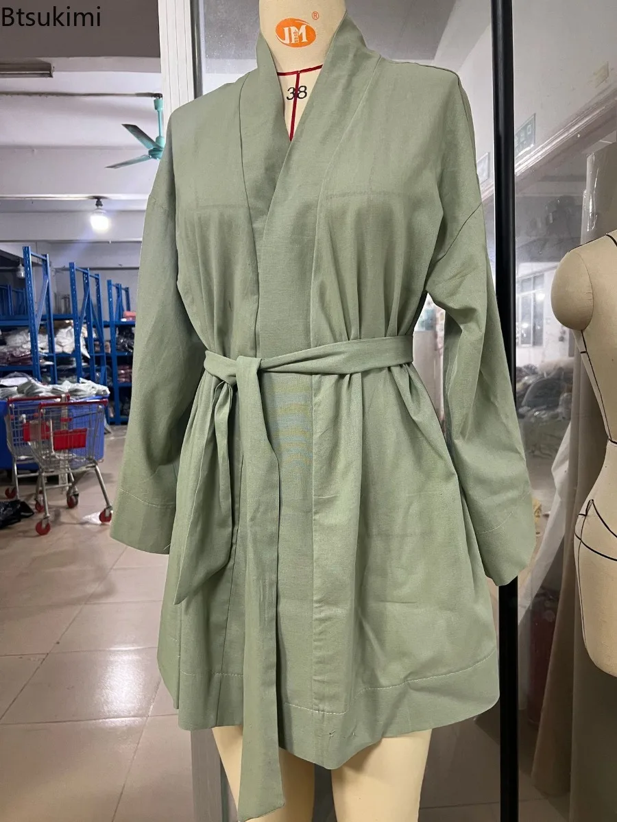 Robe unie en coton et lin pour femmes, manches longues, ceinture, jupe respirante, décontractée, Style Simple, Kimono, ample, mi-longue, chemise