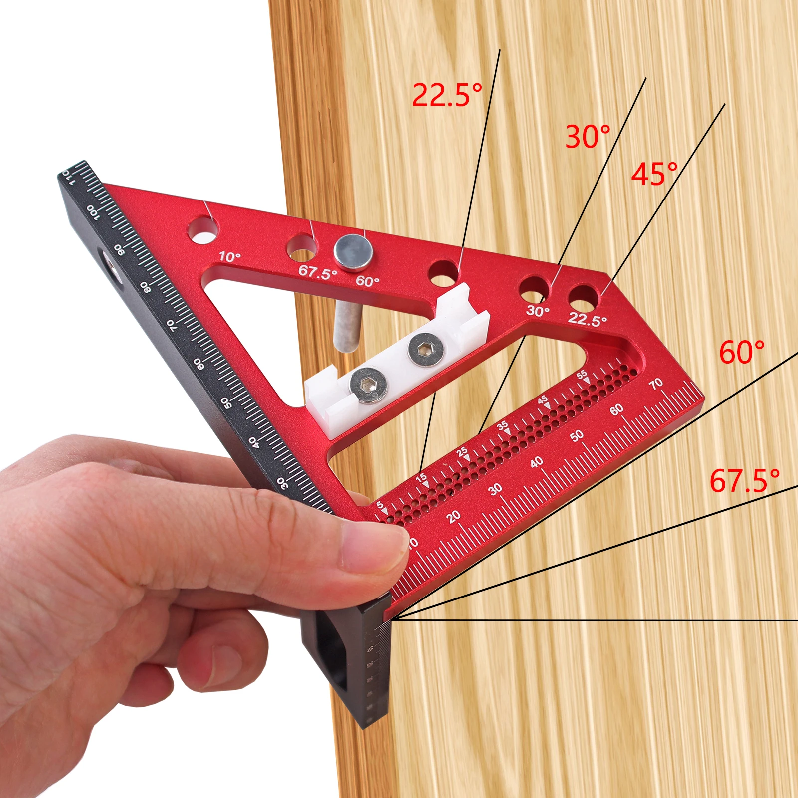 1Pc Carpenter Square Hole Scribing Ruler 22.5-90 Degree Measuring Ruler with Angle Pin Construction Precision Woodworking Tool