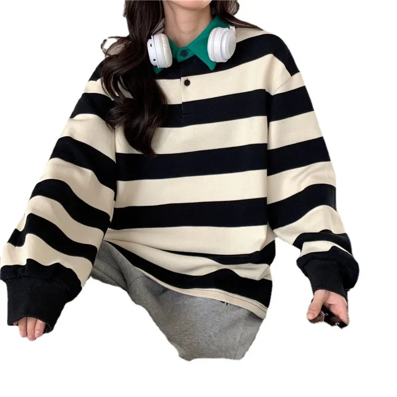 

Women's Trendy Versatile Loose Casual Striped Top Women Cotton Korean Loose Collar Long Sleeve Sweatshirt Casual Clothing Ladies