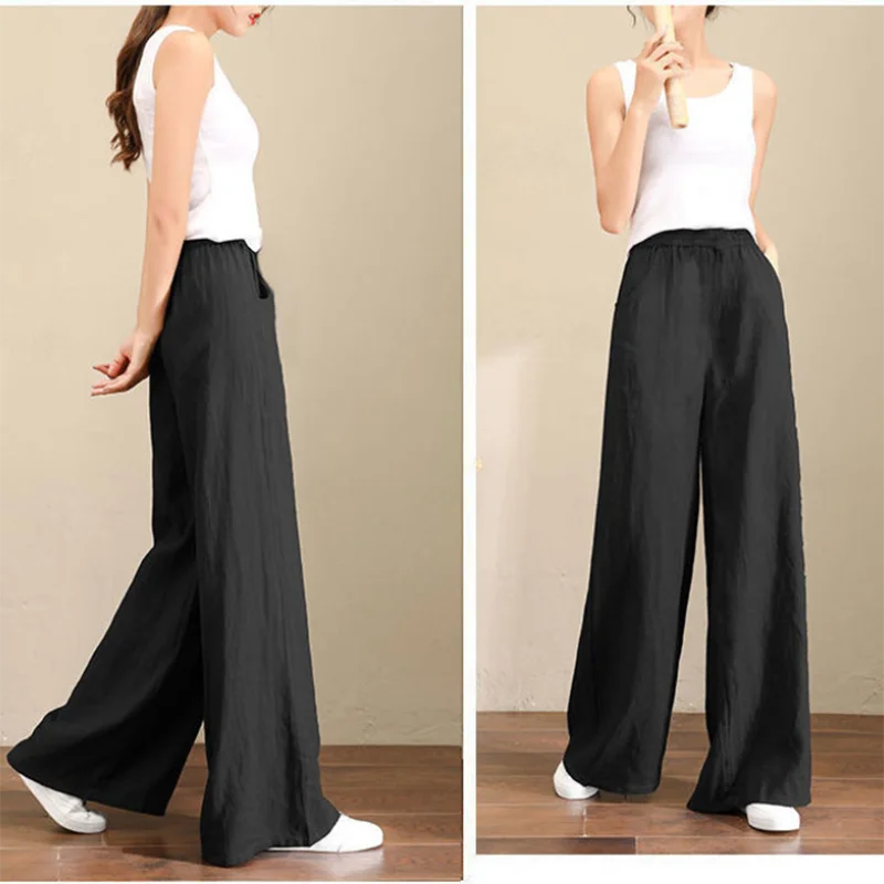 Women Vintage Wide Leg Pants Cotton Linen High Waist Baggy Trousers Mom\'s Ankle-length Oversized Pantalones New Elegant Spodnie