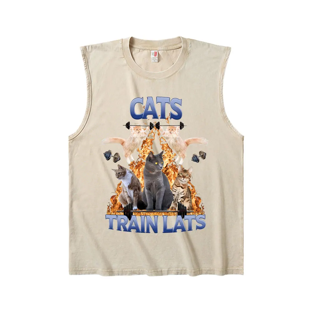 

Cats Train Lats Powerhouse Gym Vintage Washed Tank Tops Men Women Casual Funny Geek Fitness Vest T Shirts Oversized Streetwear