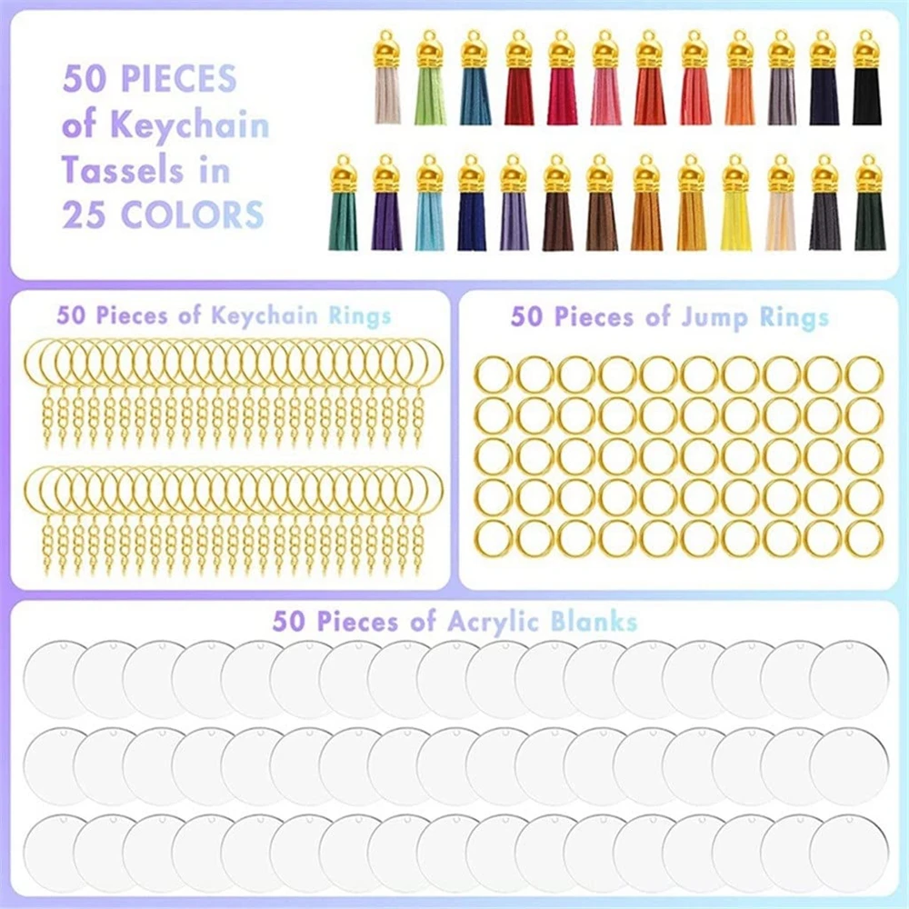 200pcs Acrylic Keychain Blanks Including Gold Keychain Rings Jump Rings Acrylic Circle Disc and Craft Tassels for DIY Keychain
