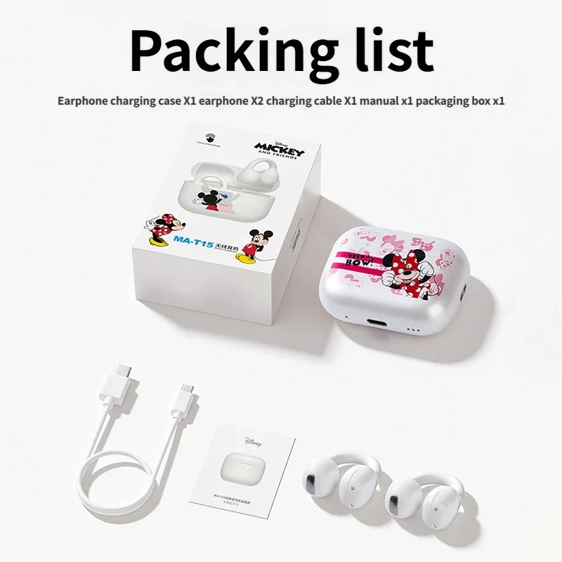 Disney MA-T15 auriculares Bluetooth 5,4 con Clip para la oreja auriculares inalámbricos deportivos batería de larga duración auriculares con reducción de ruido llamada con micrófono HD