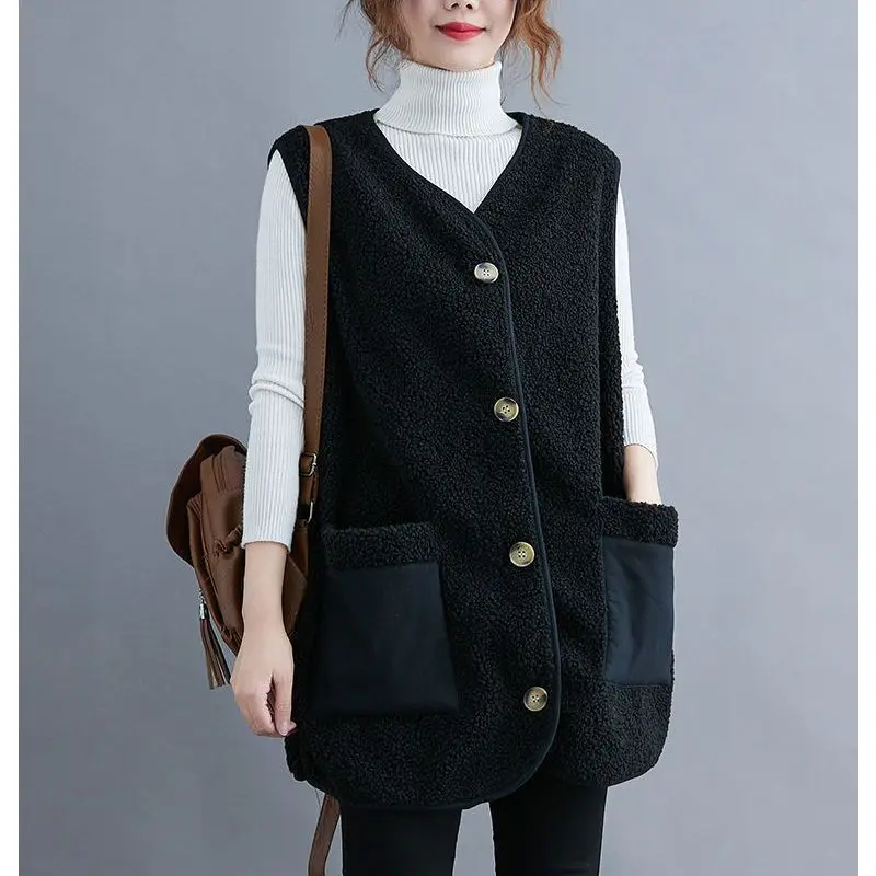 Big Size Lamb Wool Vest Women Sleeveless Jacket Single-breasted Pockets Warm Waistcoat High-end Outerwear Winter Clothes