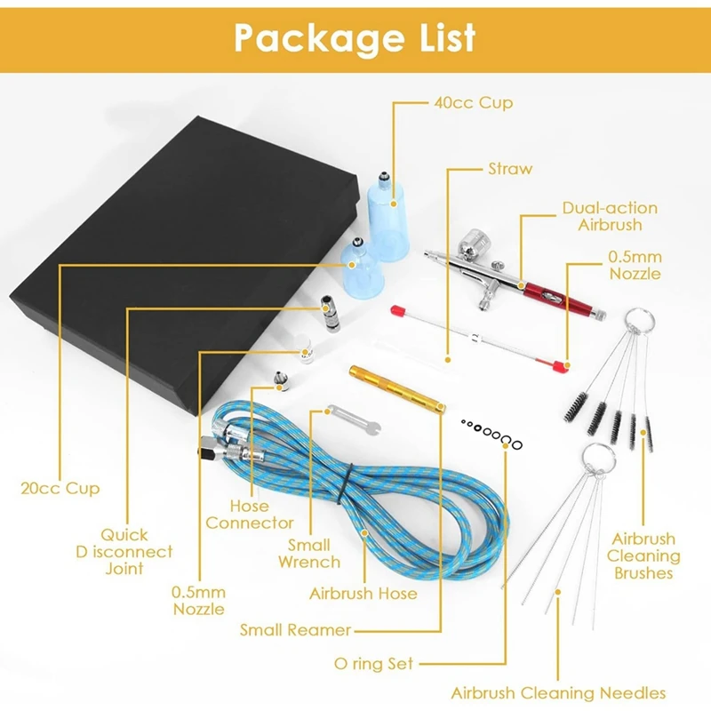 Airbrush Kit  Dual-Action Airbrush With 0.3/0.5Mm Needles Set 20Cc/40Cc Cup  Air Hose And Cleaning Kit