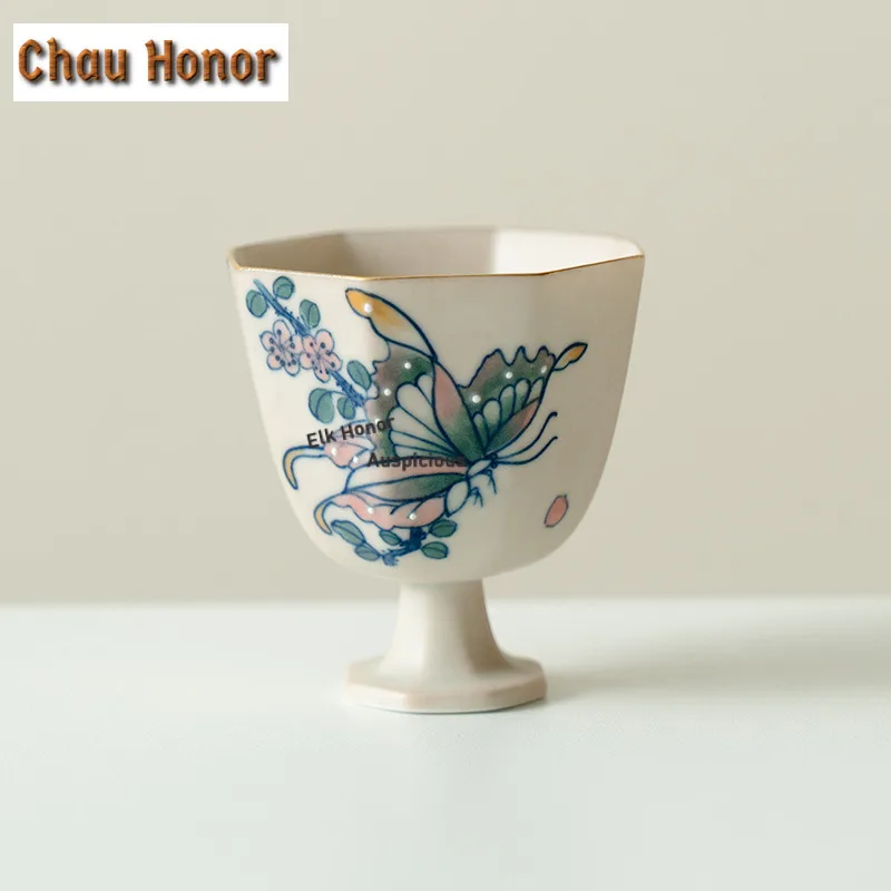 

65ml Hand-painted Butterfly High-footed Teacup Boutique Tea Bowl Cup For Tea-tasting Fragrance Cup Chazhan Master Cups Tableware
