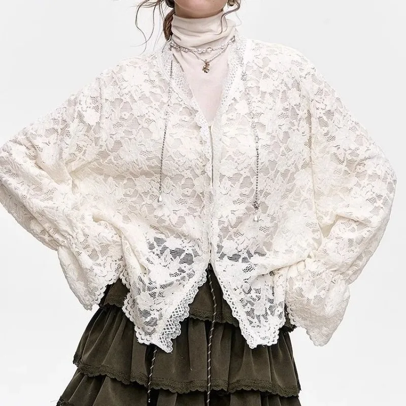 American White Layered Lace Shirt for Women 2025 Spring Autumn New Style High-end Chiffon Bottoming Shirt