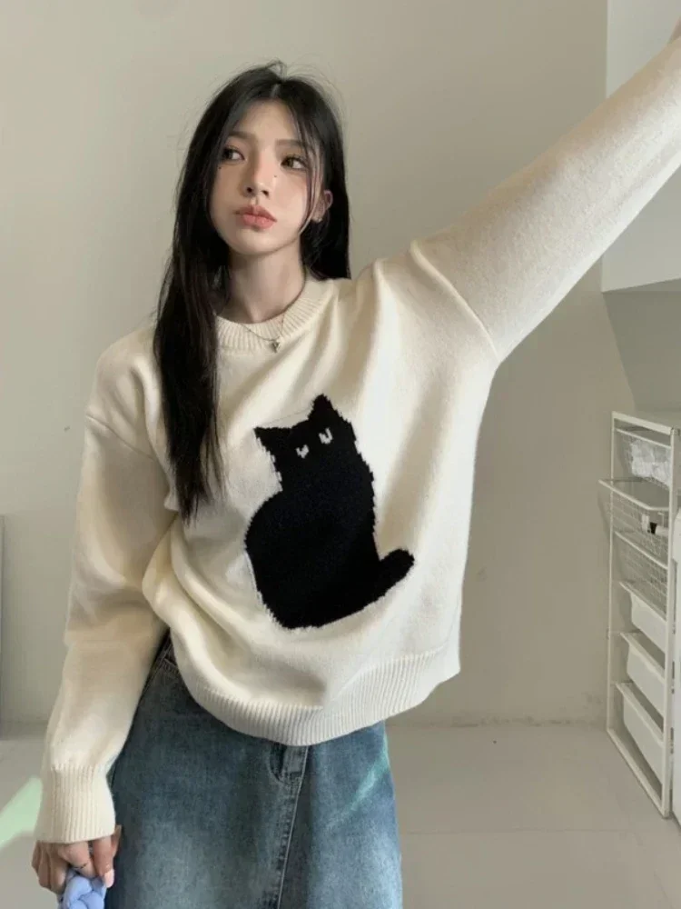 Suéter de punto de gato de dibujos animados japonés para mujer, Jersey cálido, suelto, Vintage, Top de moda, suéteres Kawaii para niñas, Invierno