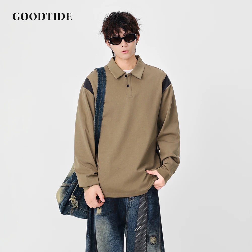 2025 New Men's Casual Long Sleeve Polo Shirt Winter Contrast Shoulder Detail and Loose Fit Design Fashion Men Pullover Top