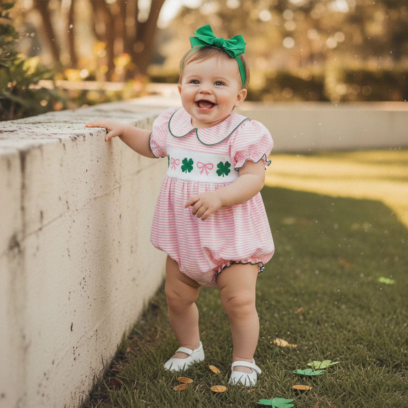 

Blotona для маленьких девочек на день Святого Патрика, Rmper Clover, пышный комбинезон с короткими рукавами и кукольным воротником, пузырьковый комбинезон и комплект с повязкой на голову