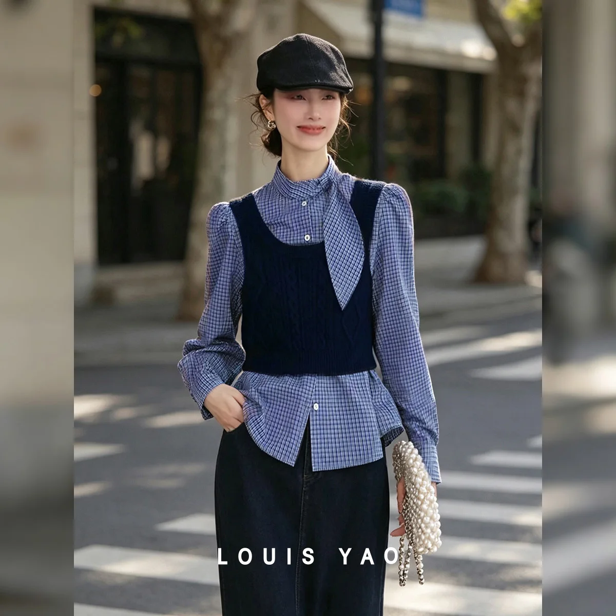 LOUIS YAO Women Blouse Two Piece Set 2026 Autumn Winter New Preppy Style Plaid Tie Neck Blouse + Knit Vest Commuter Outfit