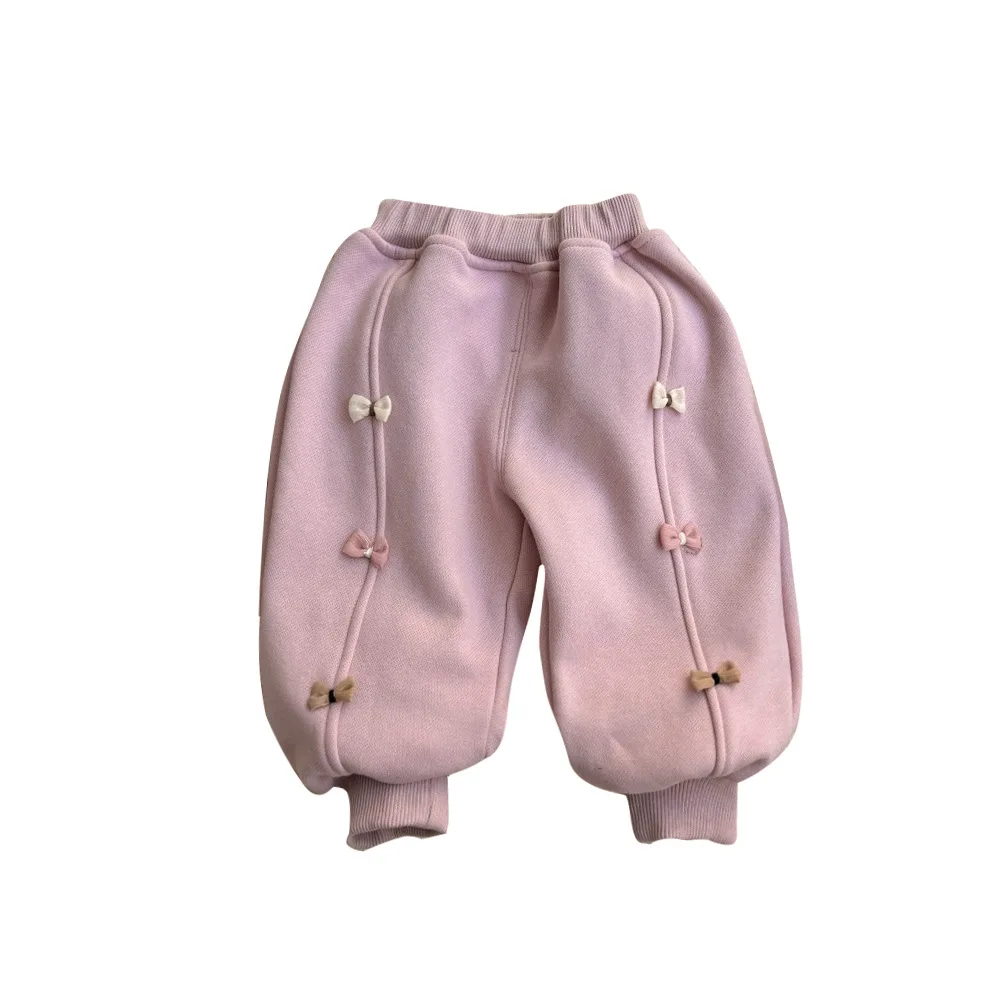 2024 Korean Winter Baby Girls Pants Cotton Plus Velvet Knotbow Loose Versatile Infant Girls Pants Toddler Girls Trousers