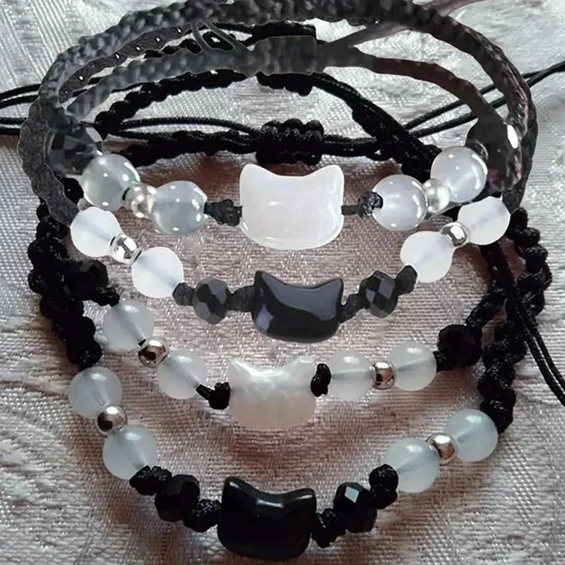 Couple Black White Cute Cat Beaded Women Bracelet Men Bracelets Hand Woven Adjustable Bangles Friendship Bracelets Jewelry Gifts