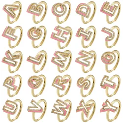 EYIKA 3 Colors Enamel 3D Hollow Letter Rings Women Zircon 26 Capital Initials Alphabet Adjustable Ring Jewelry Birthday Gifts