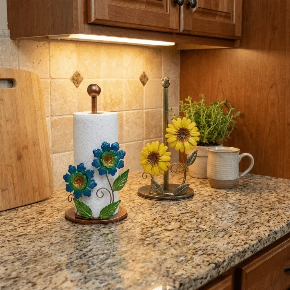 HLH Iron Sunflower Paper Towel Holder Anti-Skid Freestanding Paper Towel Rack Decorative with Weighted Base
