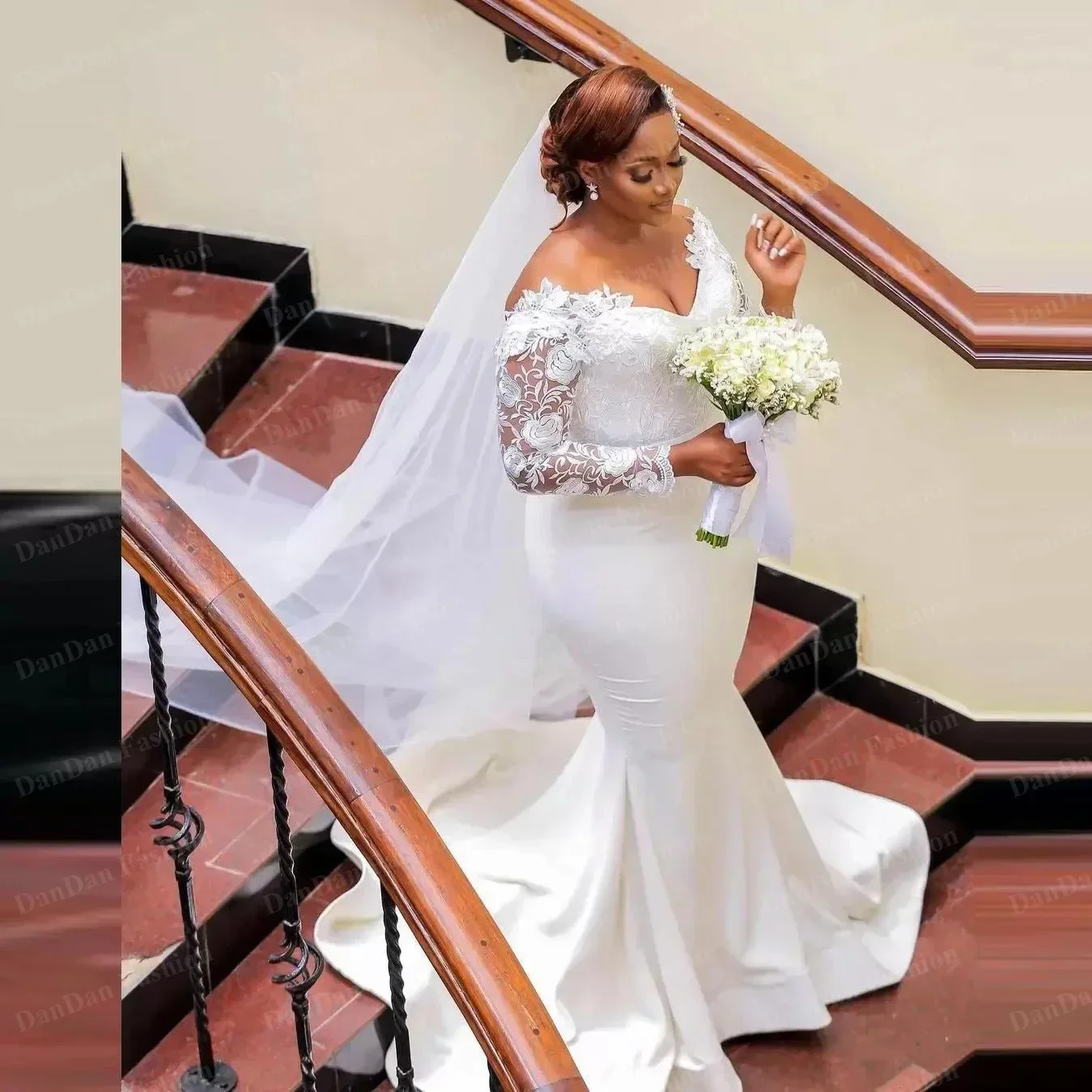 Customize Lace Mermaid 2025 Wedding Dresses Off The Shoulder Bridal Gowns Neck Plus Size Long Sleeves Sweep Train Satin Vestido
