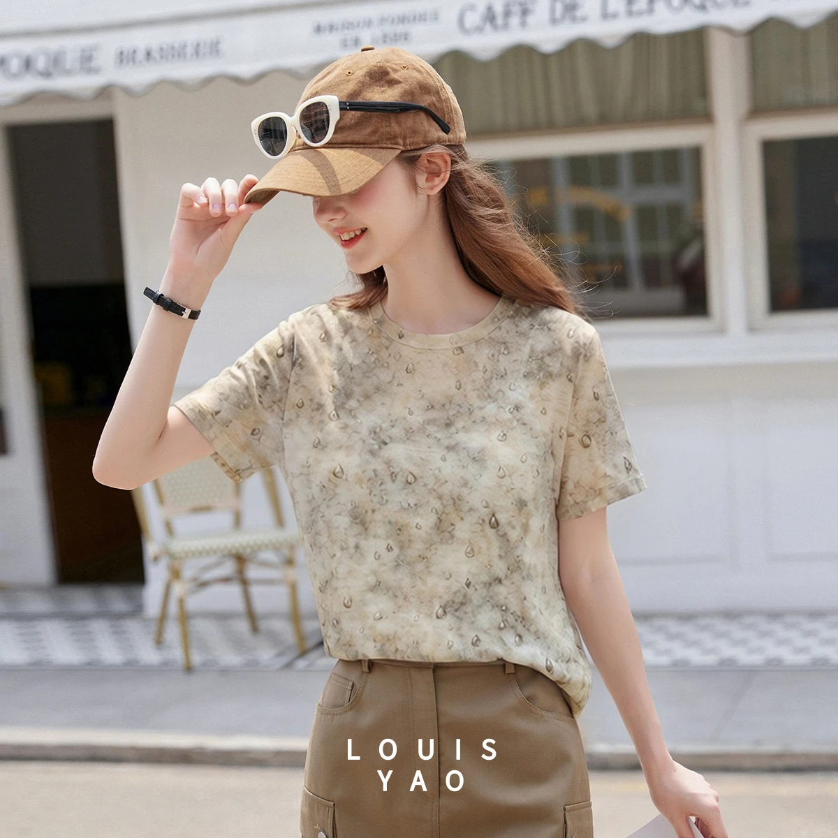 LOUISYAO 2026 Summer Vintage Women's Crew Neck Short Sleeve T-Shirt Watercolor Washed Print Versatile Casual Top