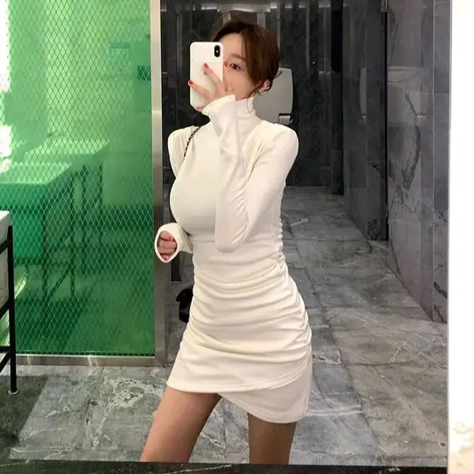 Korean Semi-High Neck Pleated Elastic Hip Skirt Women White Long Sleeve Wrapped Hip Bottom Warm Slim Tight Knee Above Skirt