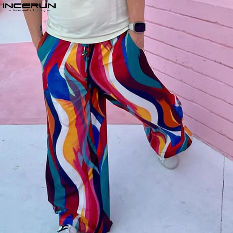 

INCERUN Men's Wide Leg Pants Colorful Printing Drawstring Joggers Loose Casual Trousers Men Streetwear 2024 Fashion Long Pants