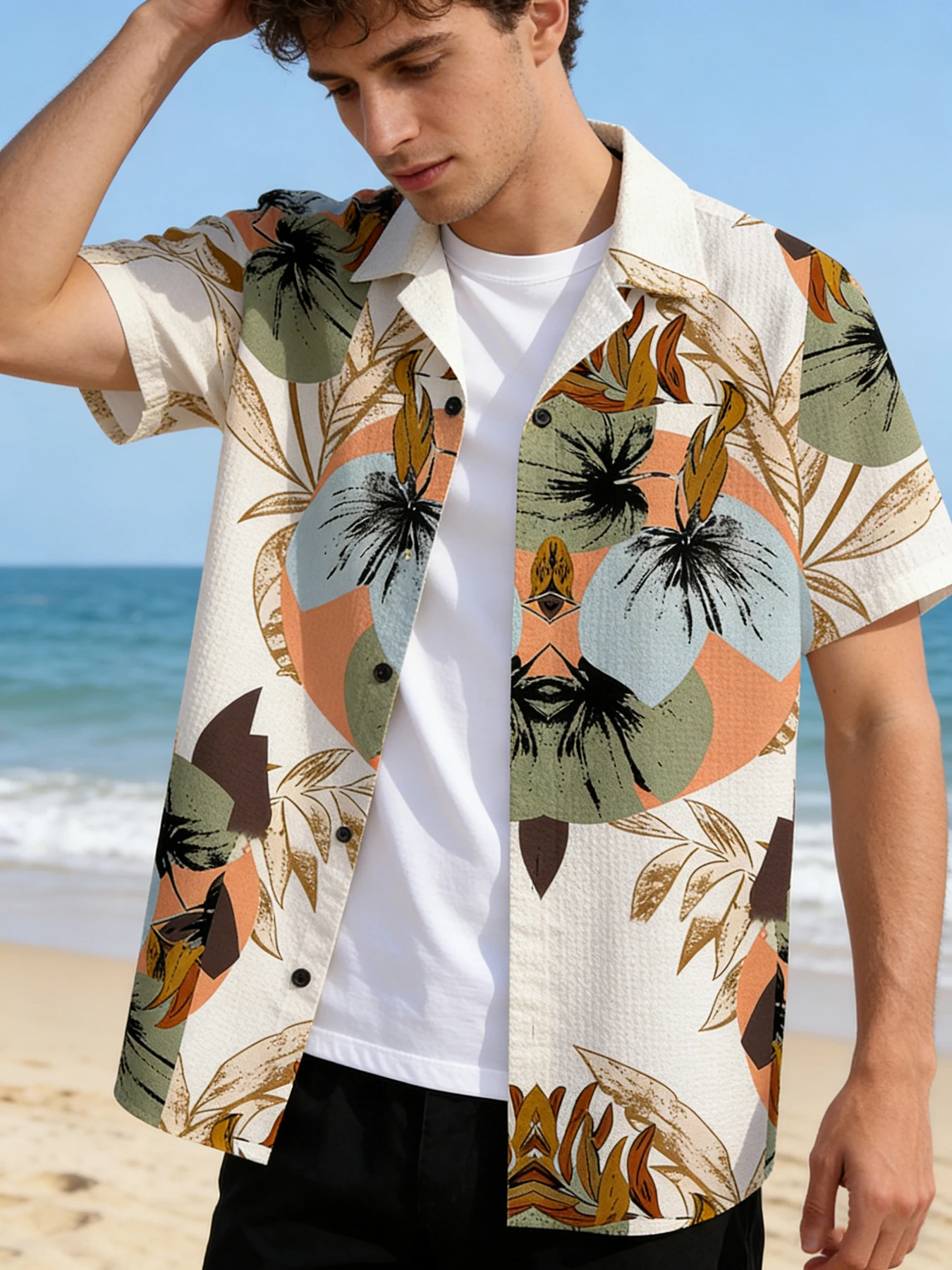 

Мужская рубашка премиум-класса с коротким рукавом и тропическим ботаническим принтом, с отложным воротником на пуговицах, для пляжа и отдыха