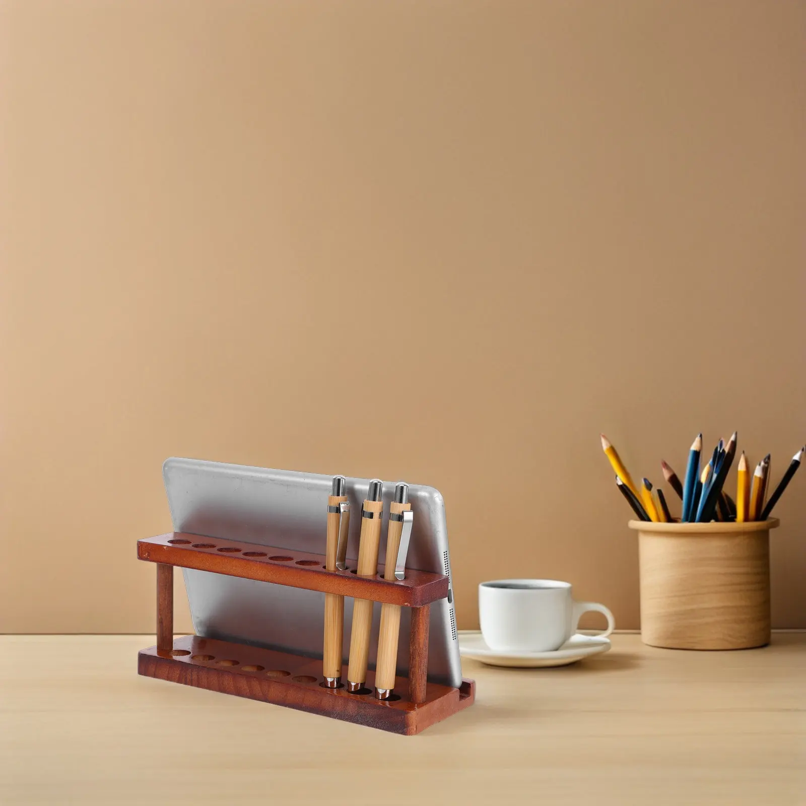 Wooden Phone Stand and Pen Holder Desktop Organizer for Pens, Pencils, Scissors, Mobile Devices