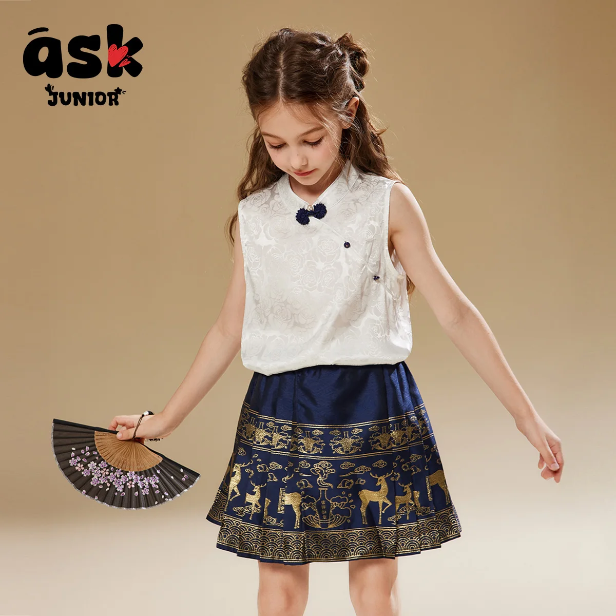 

Ask Junior National Style New Chinese Suit Girls Summer Children's Sleeveless T-Shirt Horse Skirt Short Skirt Two-piece Set