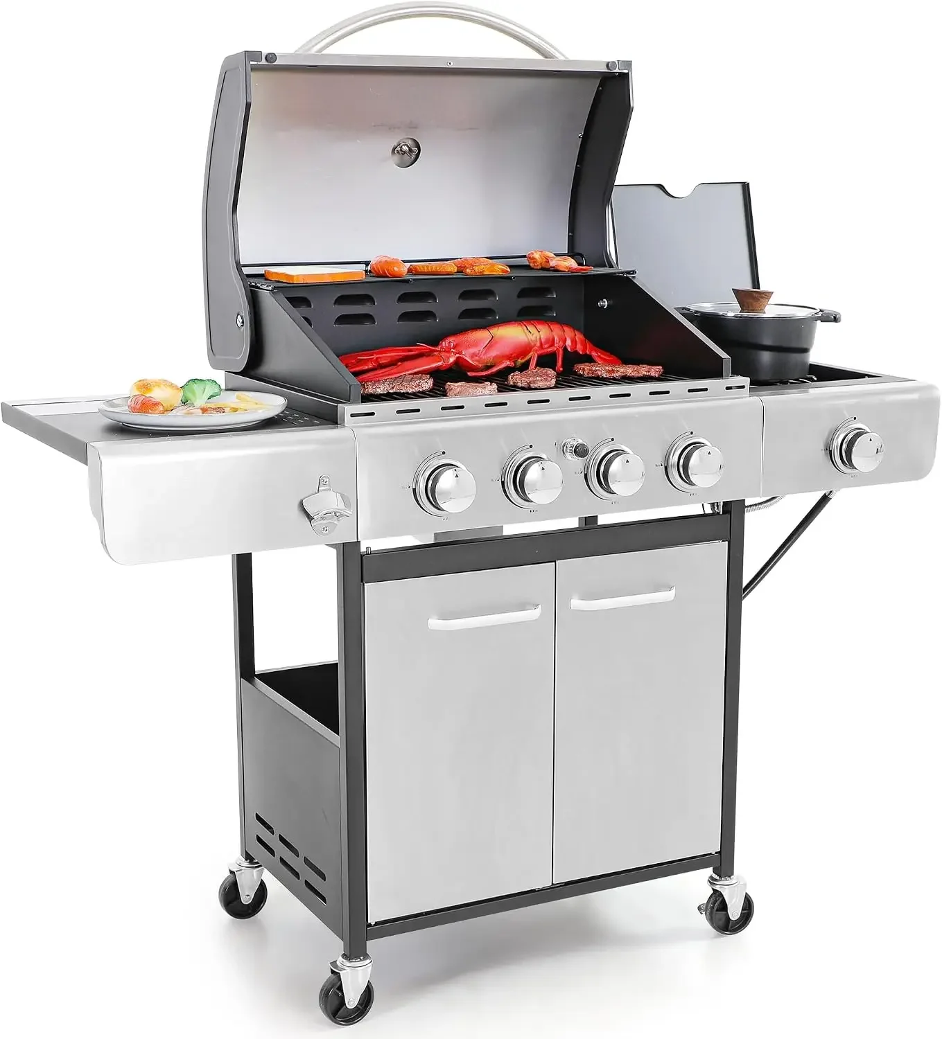Propane Gas BBQ Grill with Side Burner, 4 Burner 42,000 BTU | Porcelain-Enameled Cast Iron Grates, Stainless Steel Grill