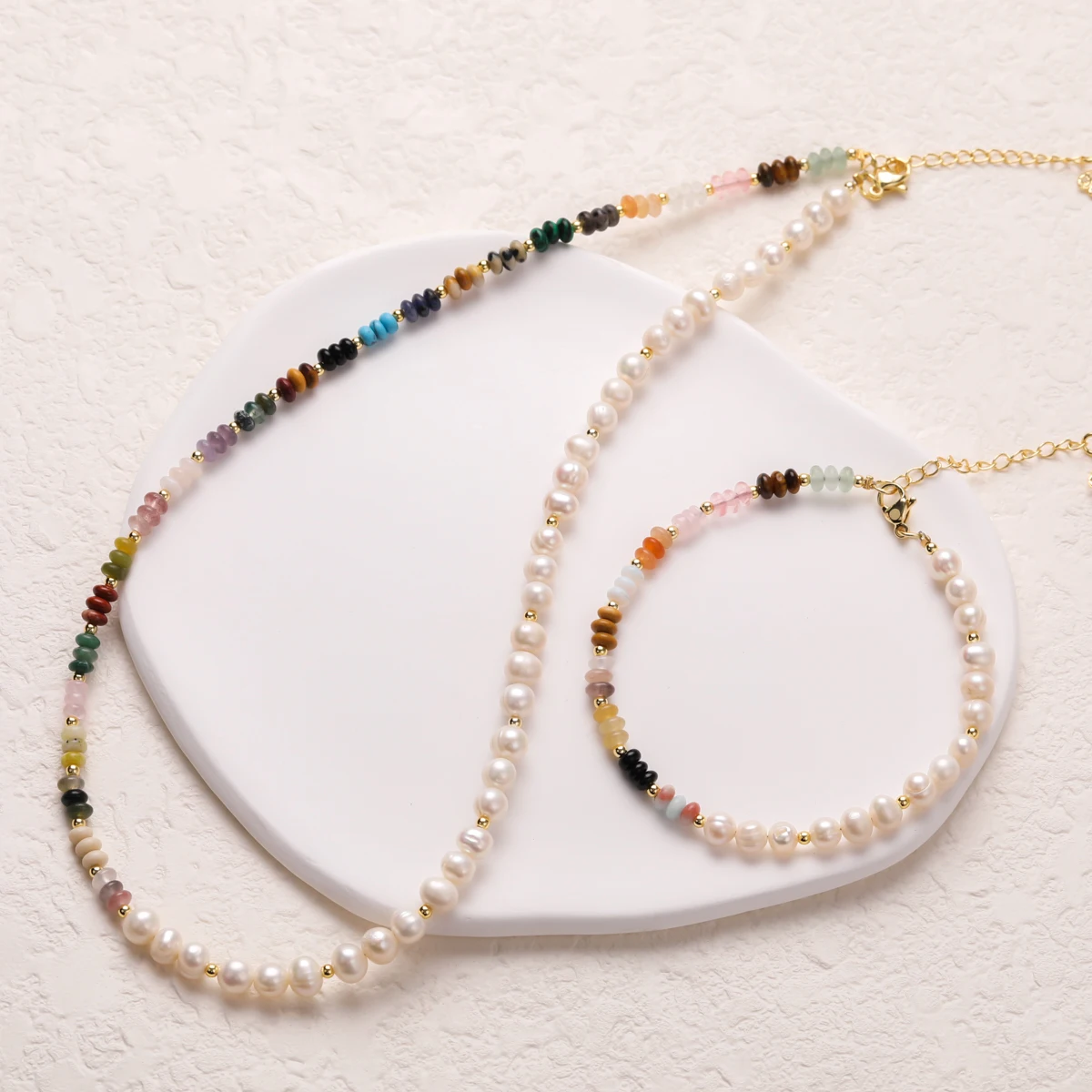Accept Customization Boho Candy Colors Genuine Natural Stone Freshwater Pearl Jewelry Sets Necklace Bracelets for Women Gift image 6