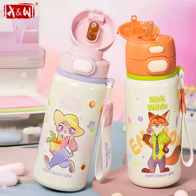 

X&W Zootopia Thermos Cup Stainless Steel Pop-up Straw Water Bottle Cartoon Judy Nick Coffee Milk Cups Keep Hot/Cold Drinkware