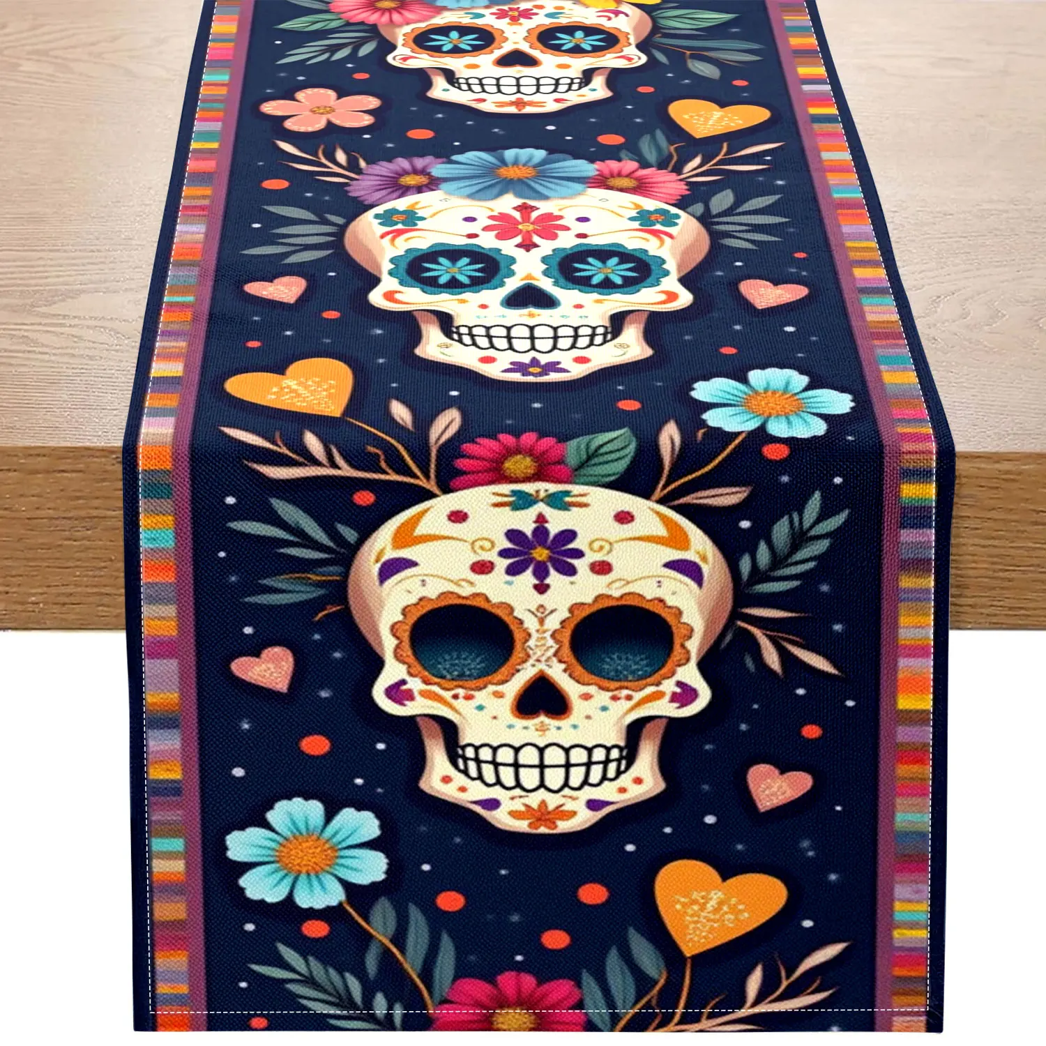 

Цельная дорожка для стола на тему Дня мертвых, с нарисованными черепами, разноцветными цветами и другими узорами, подходит для вечеринок в день мертвых вечеринок и сцен в мексиканском стиле.