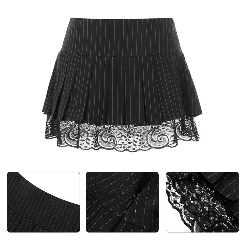 Womens Dark Gothic Punk Sexy Low Waist A-Line Mini Skirt Striped Print Pleated Lace Trim Patchwork Short Skater Skirts