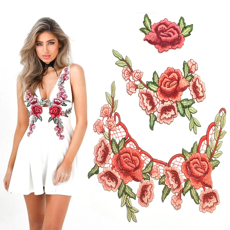 Big Sale Top Grade Water-soluble Lace Rose Flower Embroidered Patches for Clothes Applique Sticker on Clothing Dress Stripes DIY