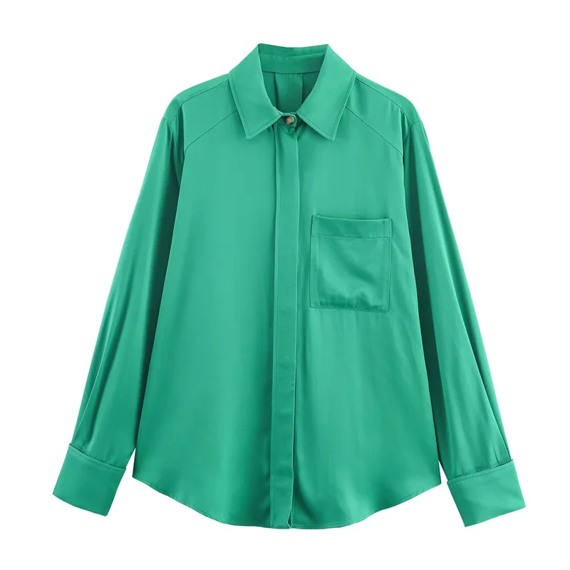 Camisa feminina 2025 outono novo estilo verde manga longa simples básico solto cetim textura camisa casual elegante único