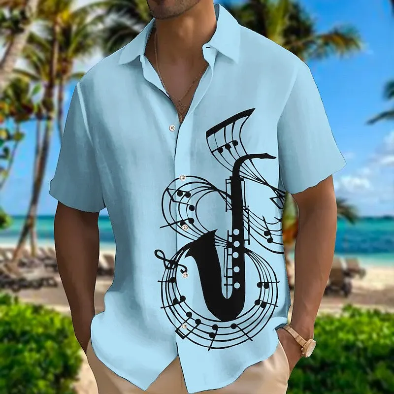 Hawaiian Style Men Short Sleeve Shirt Ocean Surf Print Lightweight Outerwear Vacation Casual Shirt