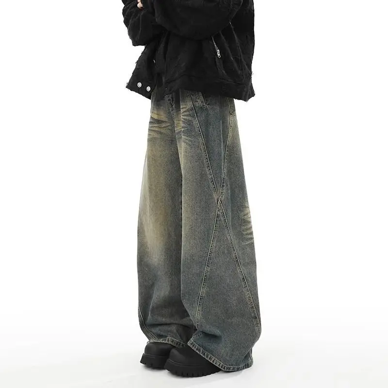 Splicing Denim Jeans for Men Loose Straight Leg Wide Leg High-end Feeling Rugged and Handsome American Retro Pants