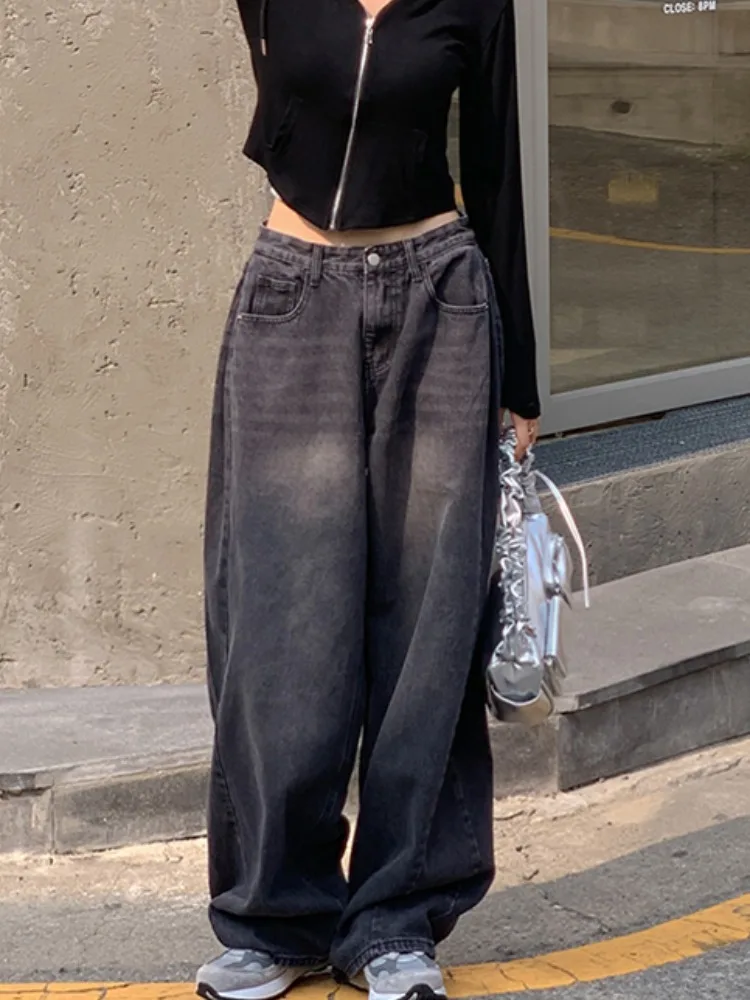 

High Waist Cuffed Pleated Denim Jeans Women's Retro Waed Wide Leg Slimming Casual Floor Length Pants Commute Sle