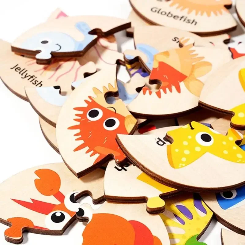 مجموعة ألغاز على شكل حيوانات بحرية خشبية آمنة للأطفال مع صندوق تخزين سهل لعبة مطابقة الشكل المعرفي مناسبة للسفر 15UB