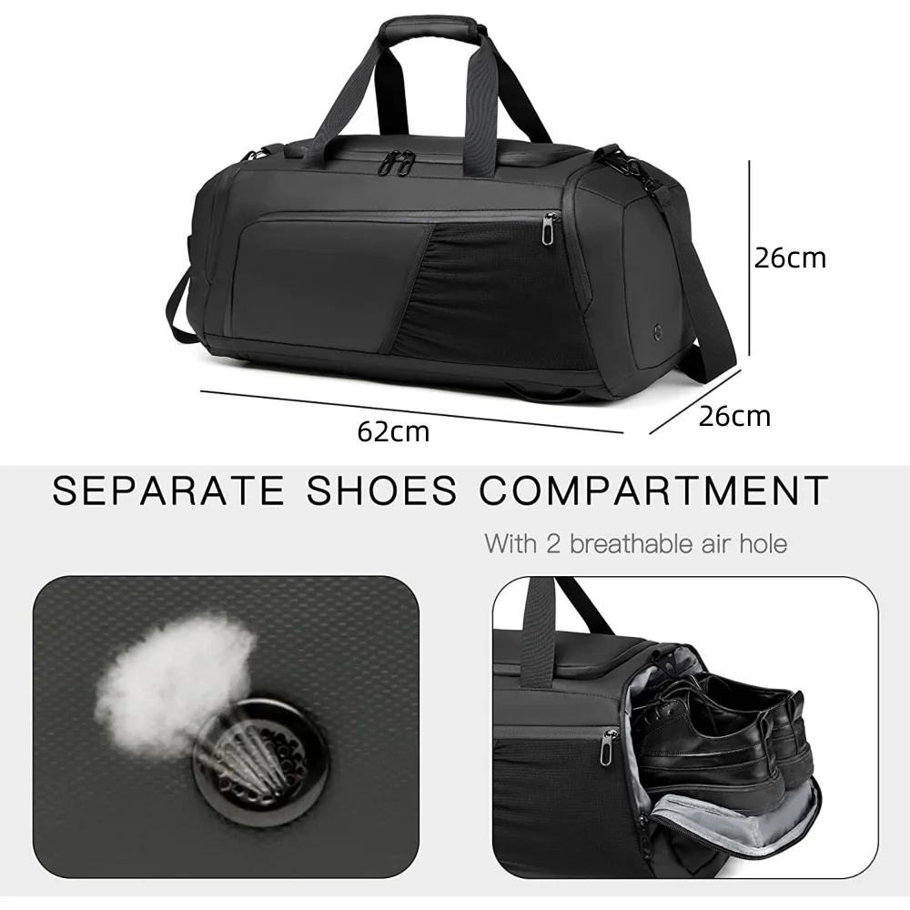 Ginásio Duffle Bag Waterproof Sports Duffel Bags Viagem Weekender Bag para Homens e Mulheres Overnight Bag com Sapatos Compartimento Preto