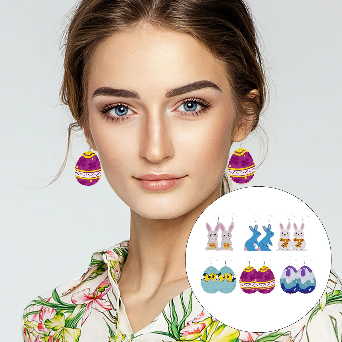 6 Pairs Easter Two-sided Lovely Bunny Egg Printing Design Earrings for Women Easter Earrings Rabbit Earrings