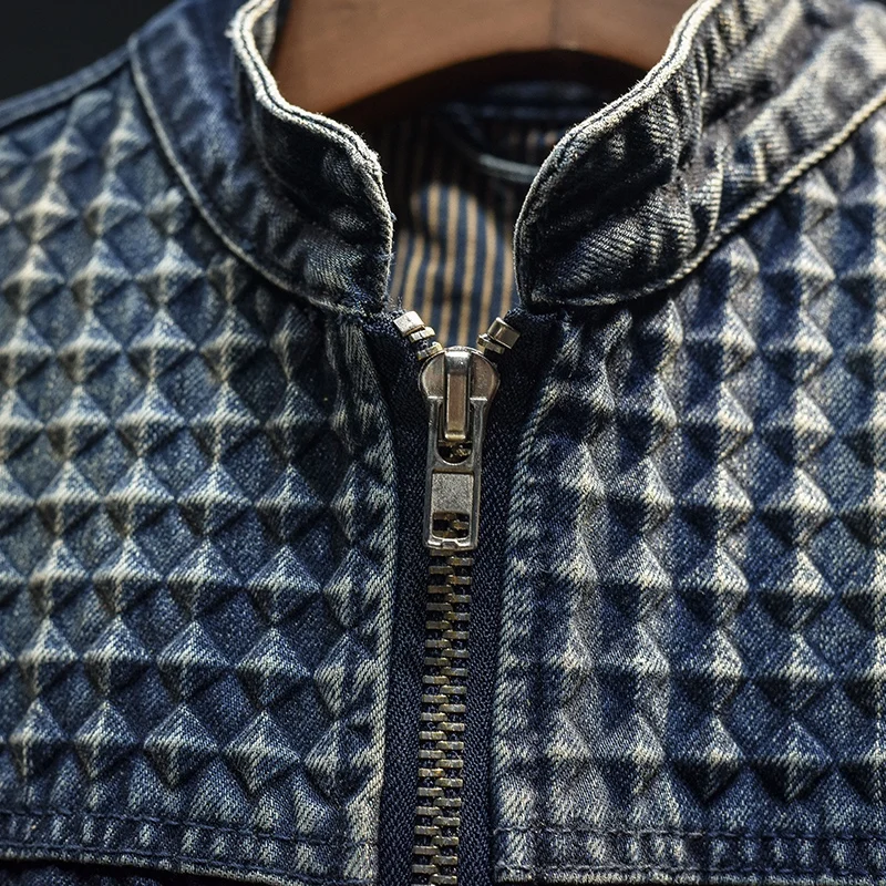 Fashion zipper stand collar denim coat for men2024new autumn fashion retro handsome motorcycle denim jacket