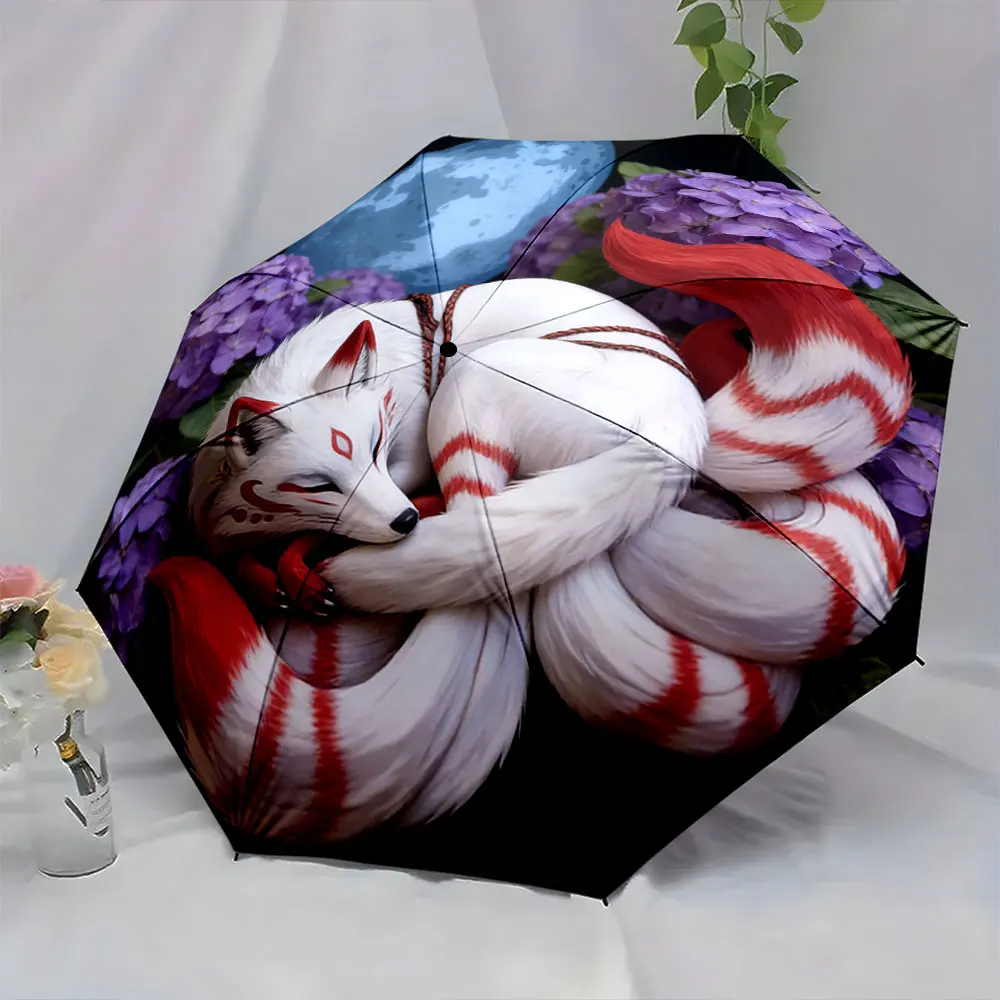 1PC Fantasy White Fox Umbrella with Moonlit Hydrangeas Design Print 8 Iron Ribs Folding Umbrella Auto-Open Fashion Sunshade